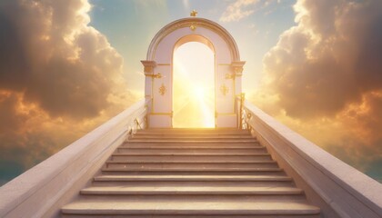 entrance to paradise clouds sun and sky in doorway stairway to heaven heavens gate to heaven end of life stairway to heaven religious background realistic 3d illustration generative ai - Powered by Adobe