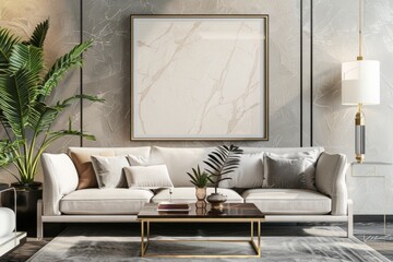  Luxurious Living Room Interior with Mockup Poster Frame
