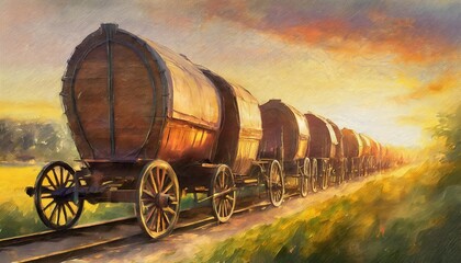 painting of carriage horse covered wagon train illustration - obrazy, fototapety, plakaty