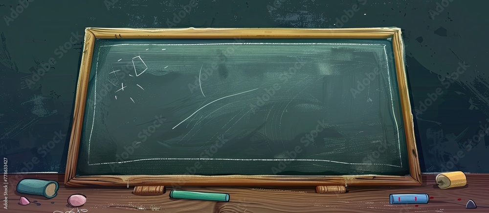 Poster a rectangle blackboard with chalk on it is displayed on a wooden table. the table is made of hardwoo