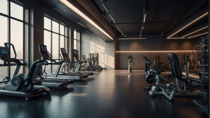 A state of the art gym is equipped with the latest cardio machines, reflecting fitness, health, and modern interior design themes