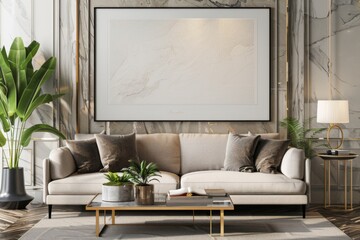 Contemporary Living Room Interior with Mockup Poster Frame