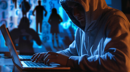 Code Manipulation, Illustration of Hacker Engaged in Malicious Activity with Laptop