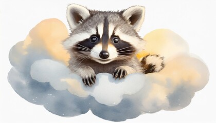 cute baby raccoon character cute girl raccoon on cloud watercolour illustration isolated on white...