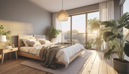 modern contemporary cozy bedroom decorated with potted plants 3d render the rooms have wooden floors and empty gray walls for copy space large window nature light in to the room