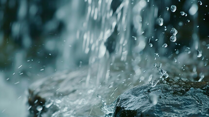 Close-up shot of water droplets splashing on rocks near waterfall