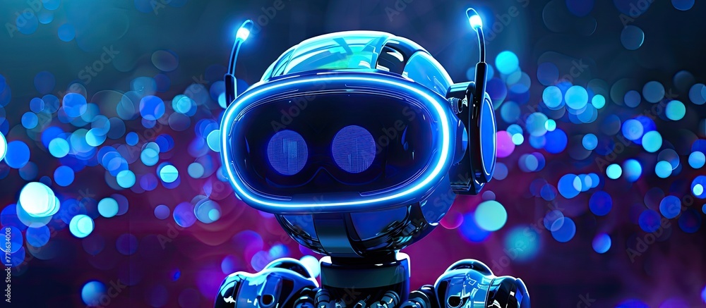 Poster an electric blue robot in a virtual reality headset is captivating a crowd with its visual effect li