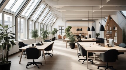 Work environments featuring light wood tones, neutral colors, and functional furniture