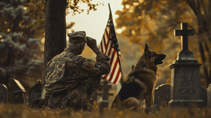 war veterans salute in front of tombstone with shreped gereman dog ,memorial day dog