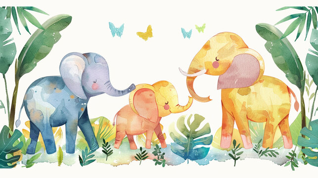 Collection of cute, tropical-themed elephants, depicted in a watercolor style, suitable for kids' cards and invites, presented on an uncluttered background.