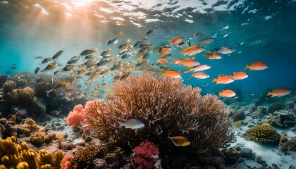 Fototapeta na wymiar a school of colorful fish swimming around a coral reef vibrant coral colors clear blue water show