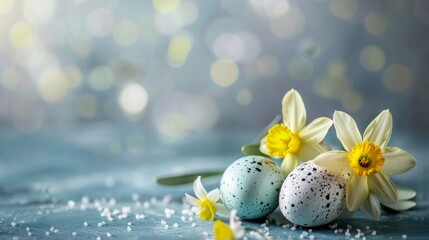 A group of two eggs and two daffodils, neatly arranged on the table.