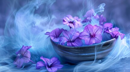 A bowl filled with vibrant purple flowers sitting on a wooden table, surrounded by mystical swirls of smoke - Powered by Adobe