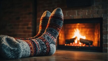 Feet in knitted socks stretch out towards a roaring fireplace, symbolizing comfort and simple joys of life
