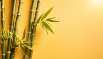 Fototapeta na wymiar green bamboo branches on yellow background space for text