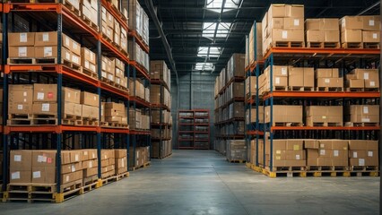An expansive warehouse showing tall racks filled with boxes, emphasizing the scale and capacity of modern logistics facilities