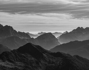 Ethereal black and white Dolomite mountain silhouette, Italy