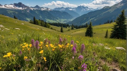 Alpine meadow with colorful flowers and peaks