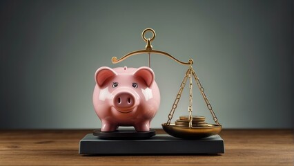 A pink piggy bank on a scale balanced with coins signifies financial comparison, weighing savings against expenses or investments