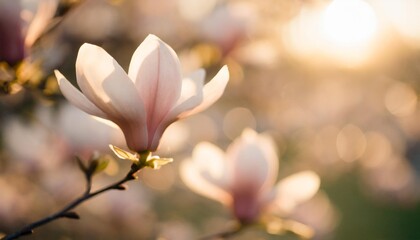 pink spring blossom of magnolia flowers on soft background with copy space