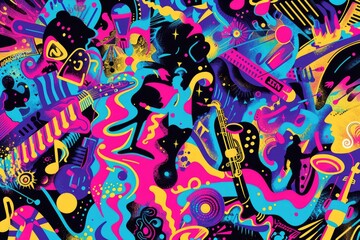 Kaleidoscopic illustration of music festival vibes, vibrantly capturing the essence of sound and rhythm