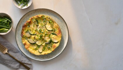 traditional italian vegetable frittata with zucchini spring onion and cheese served as a top view on a nordic design plate with copy space generate ai