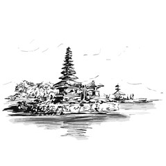 Drawing of Pura Ulun Danu Beratan the Floating Temple in Bali