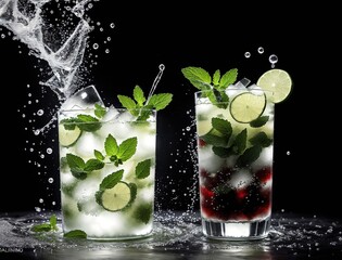 Three glasses of mojito cocktails with ice and mint leaves. - obrazy, fototapety, plakaty