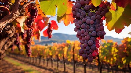 Fresh grape leaves adorn the vineyard celebrating autumn fruitful harvest 