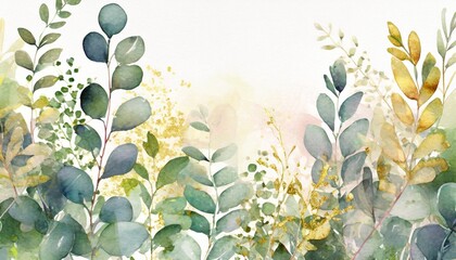 watercolor hand painted greenery plants and nature eco design wedding card floral branches and leaves silver dollar eucalyptus and garden plants illustration for design banner greeting card - obrazy, fototapety, plakaty