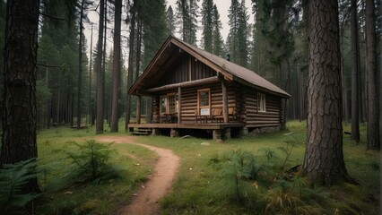 Secluded log cabin in a dense forest