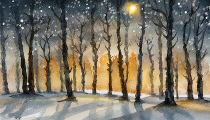 watercolor painting of a forest in the night winter snow silhouettes of the trees
