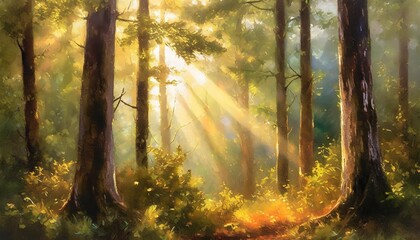 a painting of a forest scene with sunlight streaming through the trees and the sun shining through...