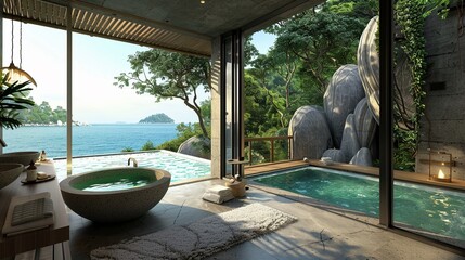Luxury villa bathroom with a floortoceiling sea view immersing in natures bath
