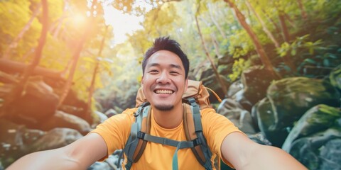 Asian man selfie on the excitement of travel with captivating of exotic destinations and adventures