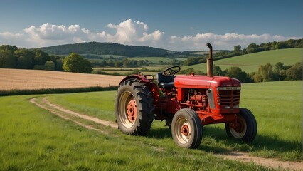 Fototapeta premium Red tractor plowing in a lush green field