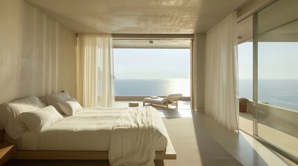 Sea view embraced by minimalist villa bedroom elegance in simplicity