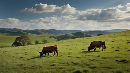Fototapeta na wymiar Cattle grazing in a scenic hilly pasture