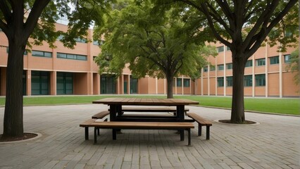 A peaceful outdoor seating area with picnic tables and benches surrounded by lush green trees in a...