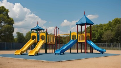 Vibrant playground equipment with slides and climbing frames under the clear blue sky, representing childhood and fun