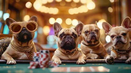french bulldogs dressed like fashion moguls with sunglasses and jewelery playing poker in a fancy las vegas casino, - obrazy, fototapety, plakaty
