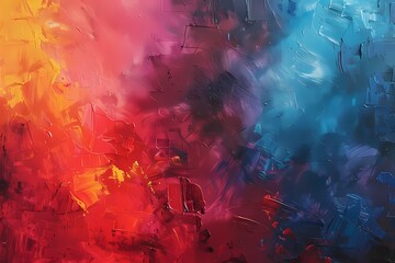 Abstract background of oil paint on canvas in red, blue and yellow colors. Ai generated.
