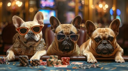 french bulldogs dressed like fashion moguls with sunglasses and jewelery playing poker in a fancy las vegas casino, - obrazy, fototapety, plakaty