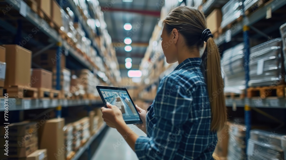 Aufkleber a female worker holding a tablet with an ar remote control application using an agv robot in a retai