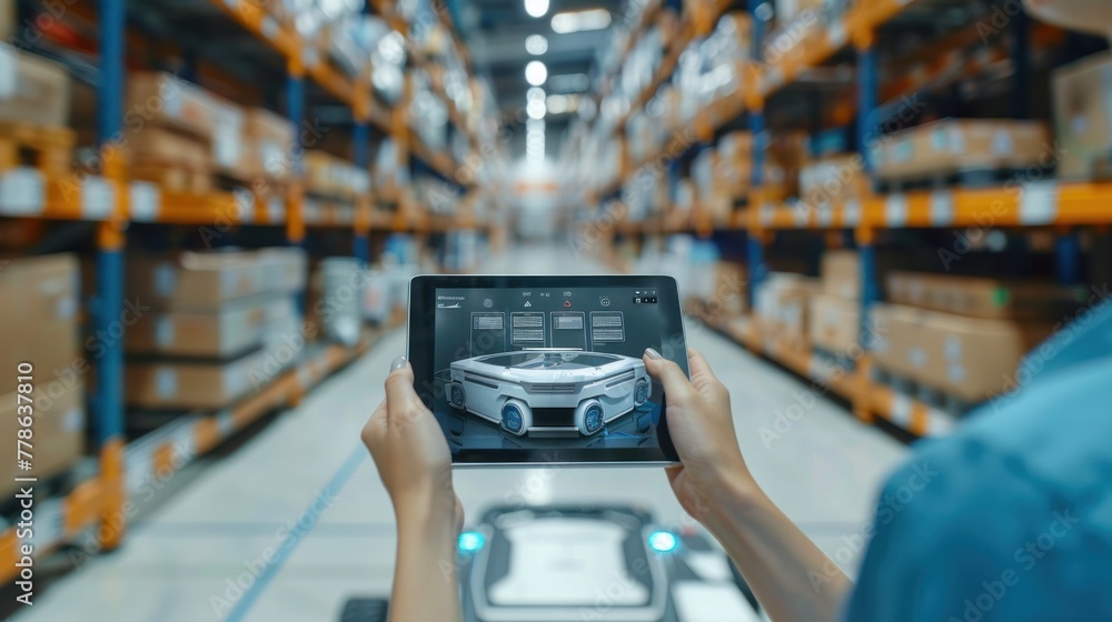 Aufkleber a female worker holding a tablet with an ar remote control application using an agv robot in a retai