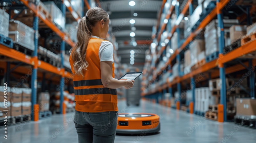 Poster a female worker holding a tablet with an ar remote control application using an agv robot in a retai