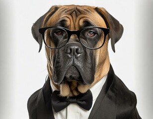 Mastiff dog with distinguished expression in glasses and a black tuxedo - obrazy, fototapety, plakaty
