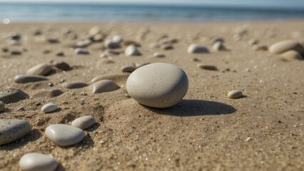 Fototapeta na wymiar A smooth, round pebble rests among scattered stones on a serene sandy beach, creating a sense of peace and mindfulness