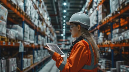 A female worker holding a tablet with an AR remote control application using an AGV robot in a retail warehouse. Women Controlling Automated Guided Vehicles With Products. - obrazy, fototapety, plakaty