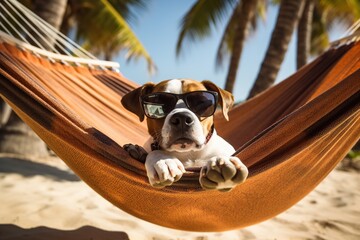 jack russell dog resting in hammock on the beach with sunglasses - obrazy, fototapety, plakaty